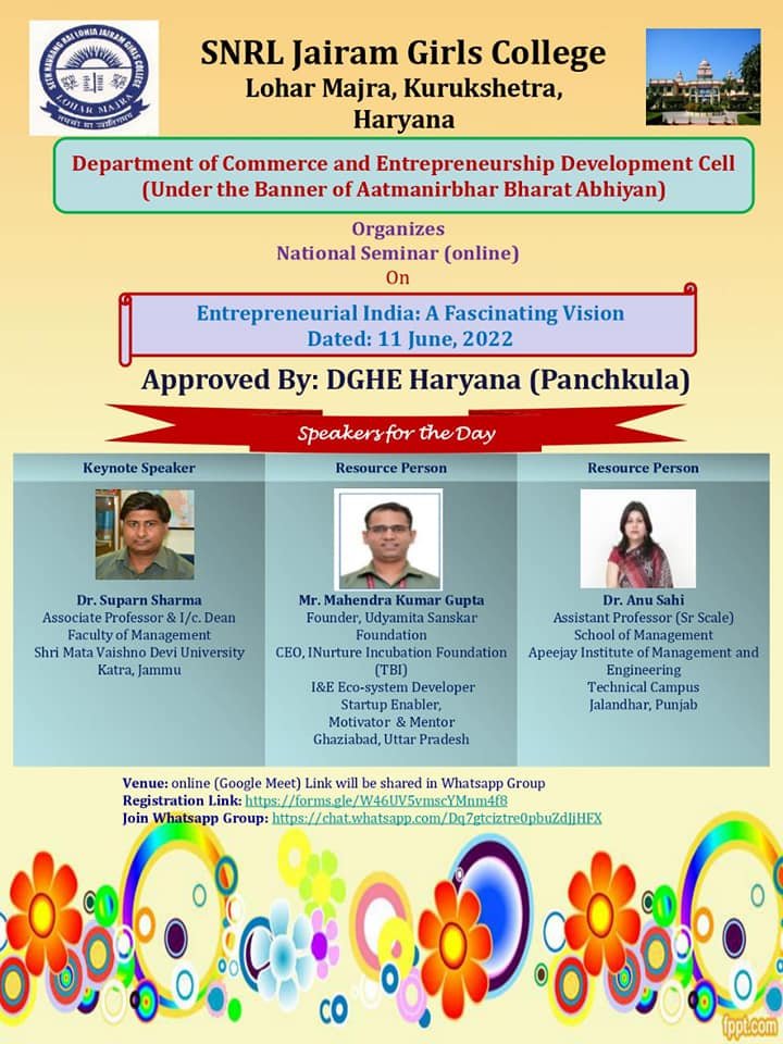One Day National Seminar (online) on the topic ‘Entrepreneurial India ...